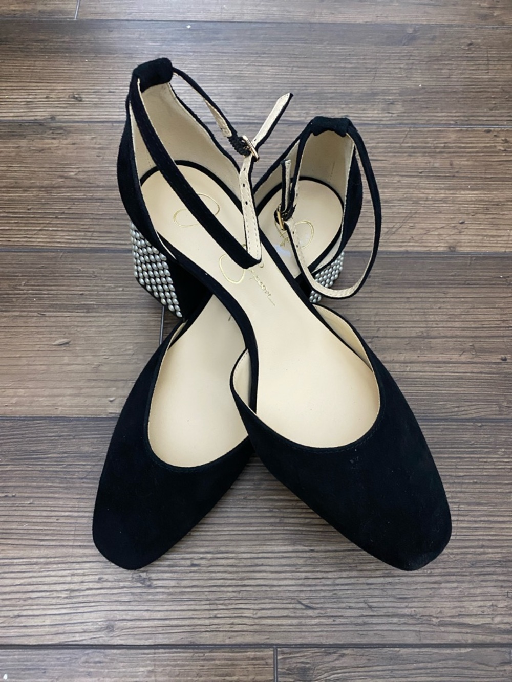 Jessica Simpson Black Suede Ankle-Strap Pumps with Rhinestone Block Heel